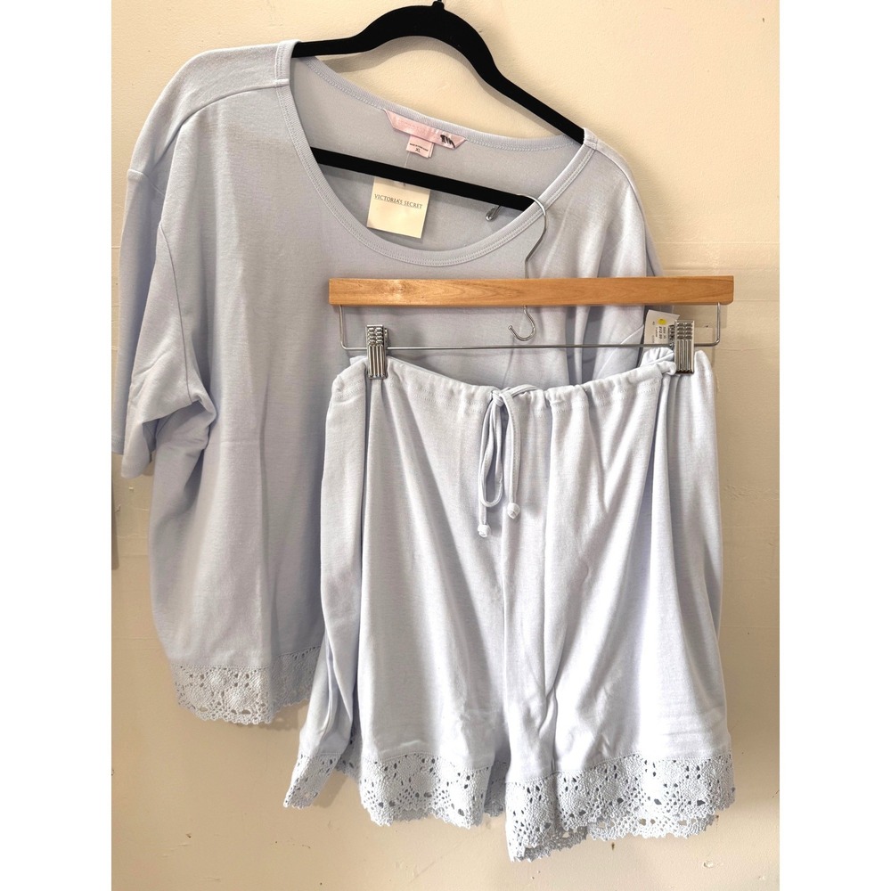 Victoria's Secret Pajama Set Women XL Light Blue Crochet Trim Shorts Tee Spring